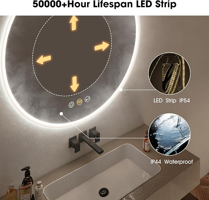 S·BAGNO 24’’ Round Led Bathroom Mirror with Lights, Anti-Fog Wall-Mounted Vanity Mirror, 3000K/4000K/6500K, Dimmable Inside Bluetooth Speaker Smart Mirror