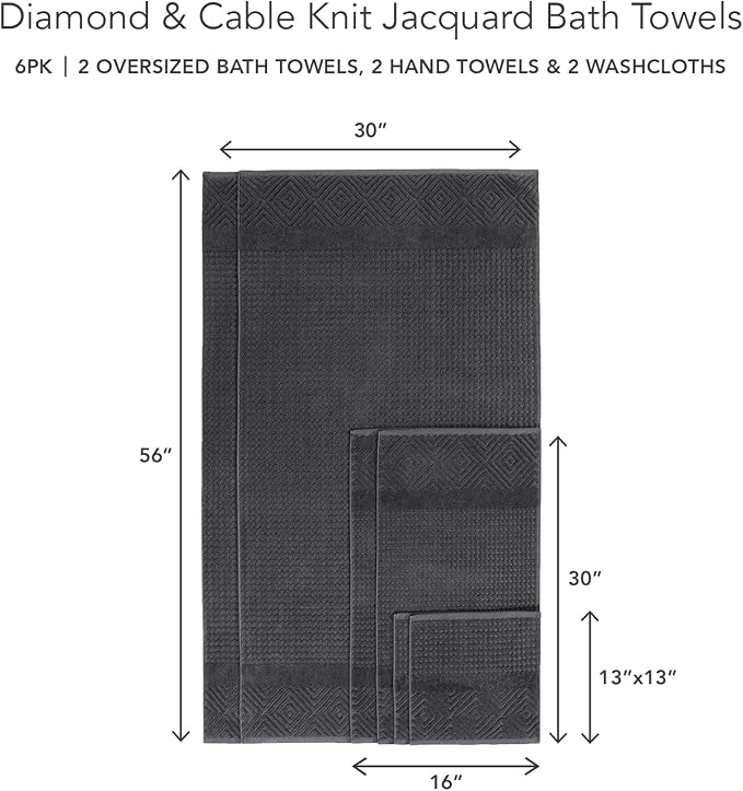 Texere 100% Organic Cotton Diamond Jacquard 700 GSM Luxury Bath Towel Sets - Ultra Soft and Absorbent Hotel Quality, 2 Large Bath Towels, 2 Hand Towels, 2 Washcloths (Diamond, Charcoal, 6 Piece)