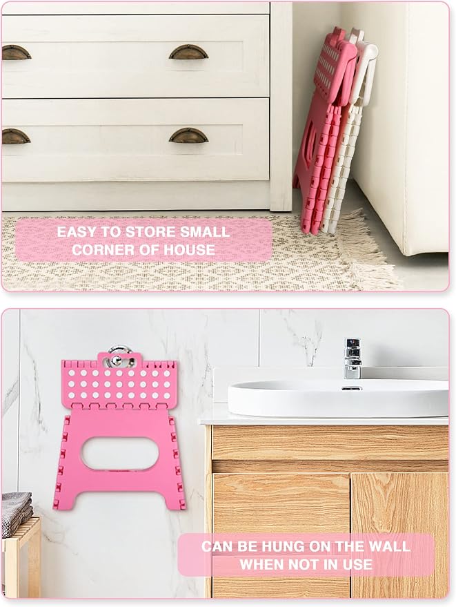 Dyforce Kids Step Stool 11 Inch, 300lbs Folding Step Stool for Adults | Toddler Step stool Pink,Anti-slip Heavy Duty with Carry Handle, Lightweight Foldable Stool for Bathroom Kitchen Bedroom