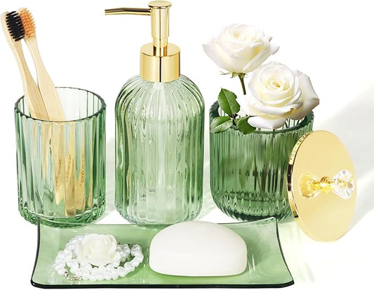 Designer Green Glass Bathroom Accessories Sets - 4 Pcs with Lotion Soap Dispenser, Bathroom Toothbrush Holder, Vanity Tray, and Apothecary Jar, Vintage Bathroom Decor