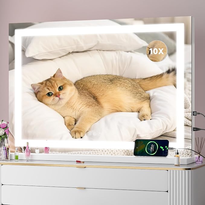 Vanity Mirror with Lights, 32" x 22" LED Makeup Mirror with 10X Magnification, Dimmable 3 Modes, Memory Function, Smart Touch, USB Charging Port, Lighted Makeup Mirror Square White