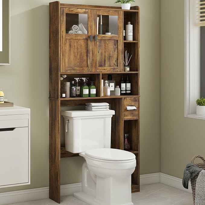 Vabches Over The Toilet Storage Cabinet with Doors and Shelves, Brown | Freestanding Home Space Save Toilet Rack, with Adjustable Shelves for Restroom, Bathroom, Laundry