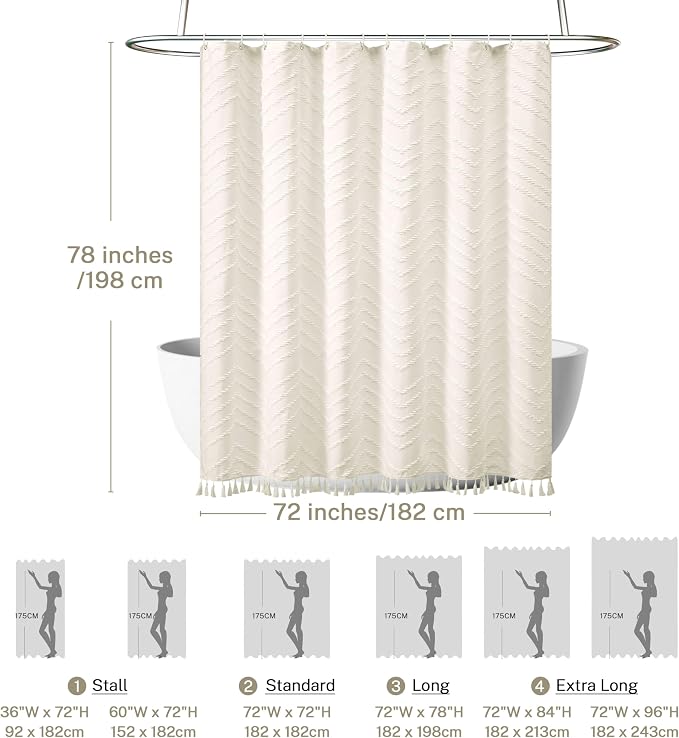 Siiluminisoy Farmhouse Boho Shower Curtain, Woven Fabric Cream Long, 72 x 78, Tufted Chevron Striped Modern Chic Textured Minimalist Bathroom Curtain