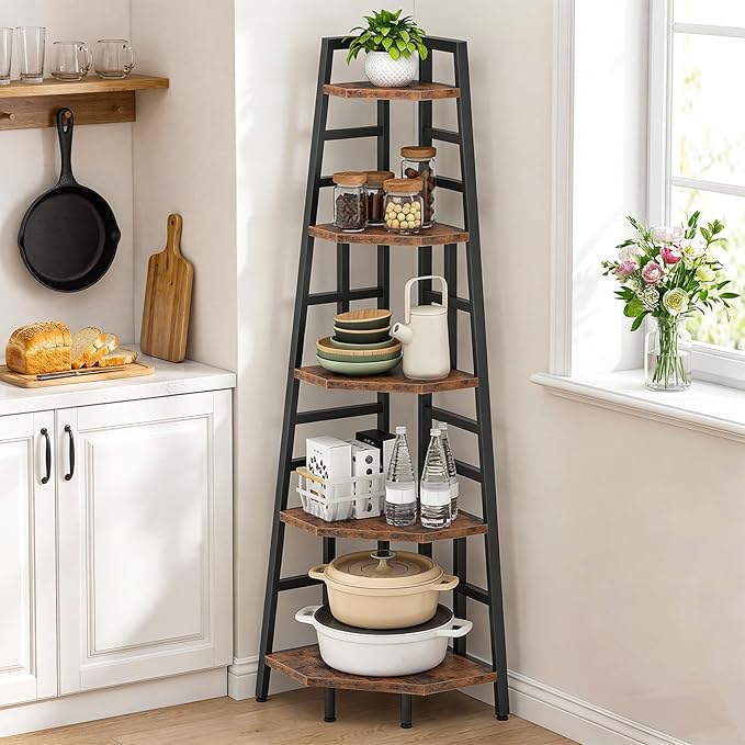70.1-Inch 5-Tier Tall Corner Shelf, Narrow Bookshelf for Small Spaces, Industrial Bookcase Display Stand for Living Room, Bedroom, Office, Rustic Brown TCJ25BF