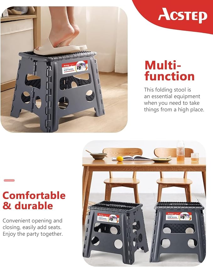 13" Folding Step Stool- Holds up to 300Lb,The Lightweight Non-Slip Upgrade Collapsible Stepping Stool is Sturdy Enough to Support Adults and Safe Enough for Kids(Grey,1 Pack) | Heavy Duty Portable Collapsible Foot Stepping Stool, Holds 300 lb for Kitch...
