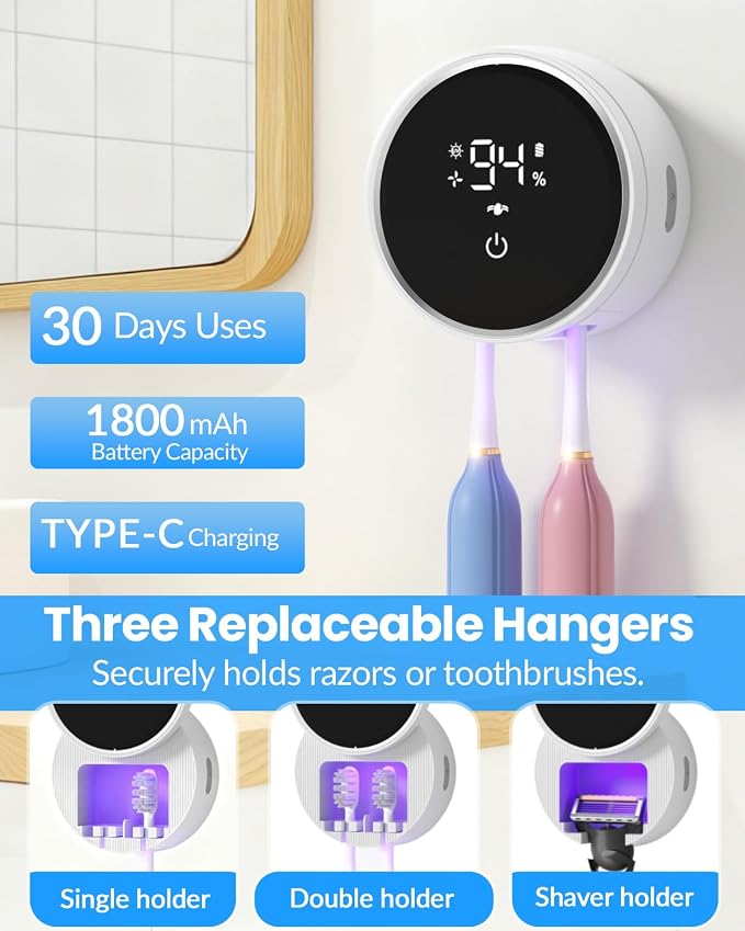 Toothbrush Sanitizer and Holder, Toothbrush Holders for Bathroom, Tooth Brush Wall-Mounted Cleaner Organizer with Auto-Inductive Cover, Air Drying Fits Most Electric, Manual and Kids’ Toothbrushes