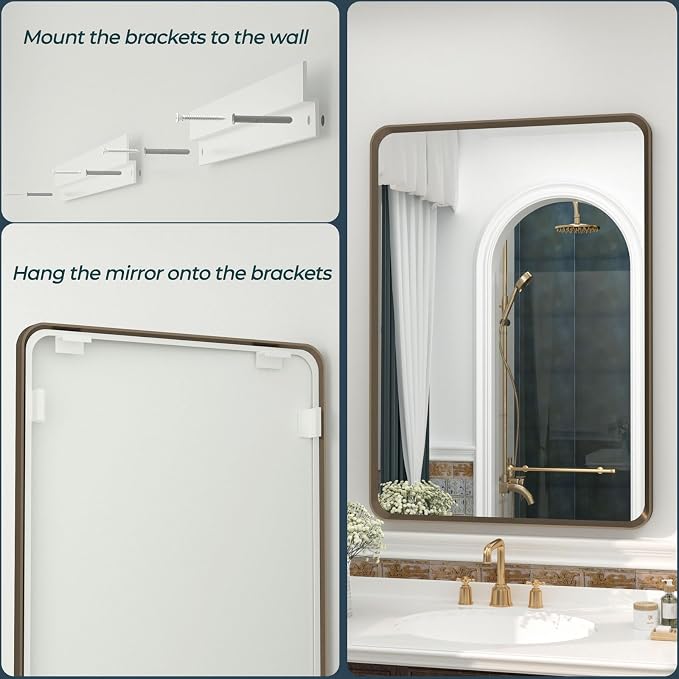 OKPAL 24x32 Bronze Bathroom Mirror, Bronze Frame Rectangle Mirror, Brushed Bronze Vanity Mirror, Round Corner, Wall-Mounted, Anti-Rust, Hangs Horizontally or Vertically