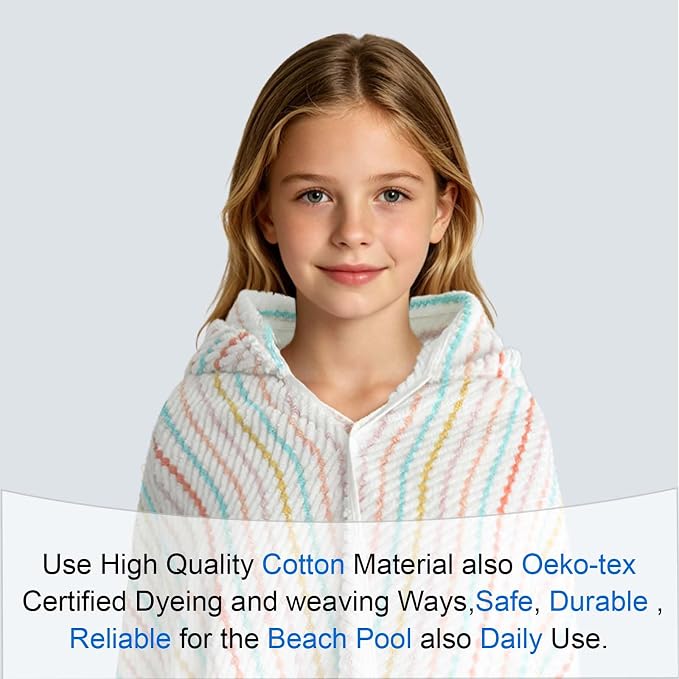 VOOVA & MOVAS Big Kids Hooded Towel Wrap, 8+, 100% Cotton,White Multi Color | Multi-Color Stripe Design, Soft, Absorbent & Fast Drying, Great for Beach Vacations