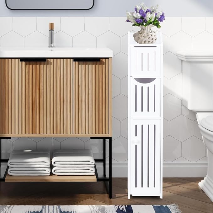 ShellKingdom Toilet Paper Holder Stand, Bathroom Storage Cabinet with Doors | Slim Storage Cabinet for Bathroom Small Spaces Corner Shelf Organizer - White