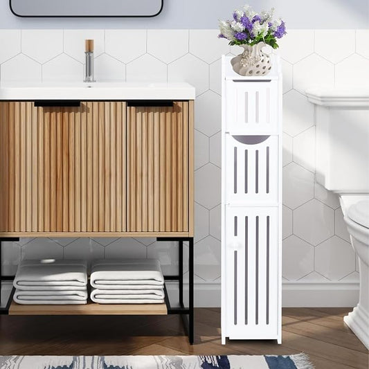 ShellKingdom Toilet Paper Holder Stand, Bathroom Storage Cabinet with Doors | Slim Storage Cabinet for Bathroom Small Spaces Corner Shelf Organizer - White