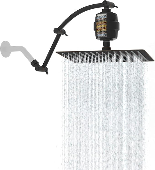Hibbent 12'' Filtered Rain Shower Head, Extension Arm, Oil Rubbed Bronze | High Pressure Rainfall Showerhead, Brass Adjustable 16" Shower Head Extension Arm, 20 Stage Shower Filter, Fixed Showerheads