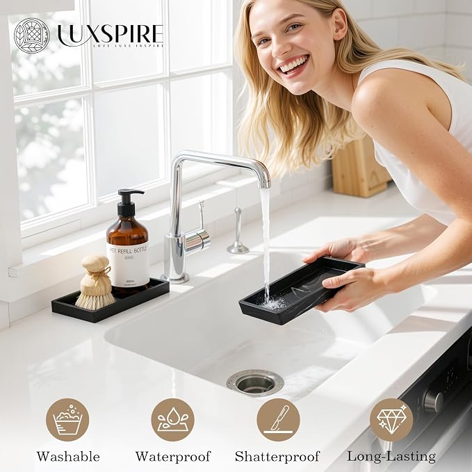 Luxspire 2 Pack Silicone Bathroom Tray 7.9" Vanity Tray, Marble Black | Thick slip-proof silicone, dishwasher safe, waterproof, holds soap perfume jewelry for sink vanity decor