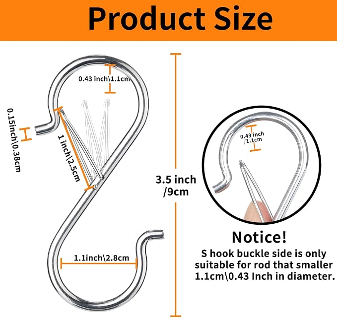 24 PCS S Hooks for Hanging with Safety Buckle, Heavy Duty Metal S Hooks | 3.5 inch S Shaped Hanger Hooks for Hanging Kitchen Utensil, Cups Pots Pan Closet Plants Purse Bags Hats (Silver)