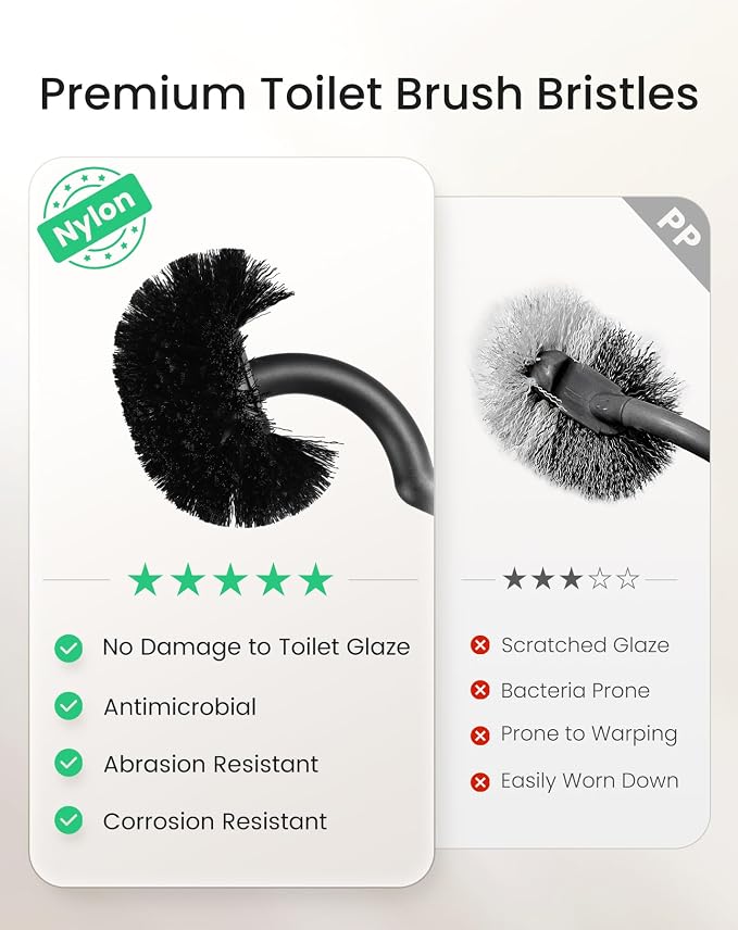Cesun 304 Stainless Steel Toilet Brush and Holder Set, 2 Brush Heads, Black | S-Shaped Deep Cleaning, Scratch-Free Nylon Bristles, Long Handle & Splash Guard, Replaceable Brush Head