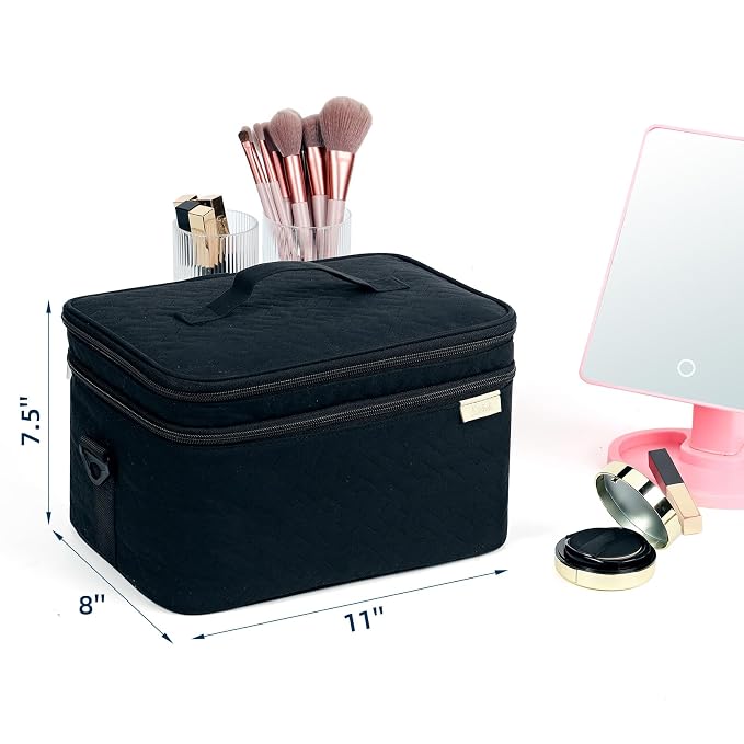 NISHEL Large Makeup Bag Organizer, Double Layer Cosmetic Travel Case | Organizer for brushes, bottles, makeup and skin care products, ideal for trips and daily use, Black, Extra Large