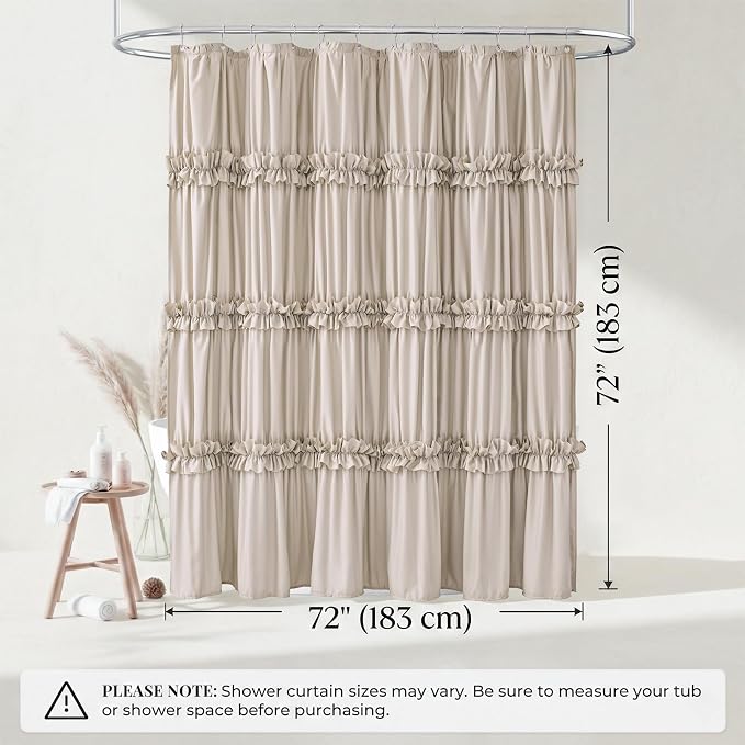 LIPA Boho Shower Curtain Rustic Ruffle Shower Curtain with Ruched & Bow Vintage Farmhouse Shower Curtains for Bathroom Bohemian Bathroom Decor(Beige,72x72 Inches)
