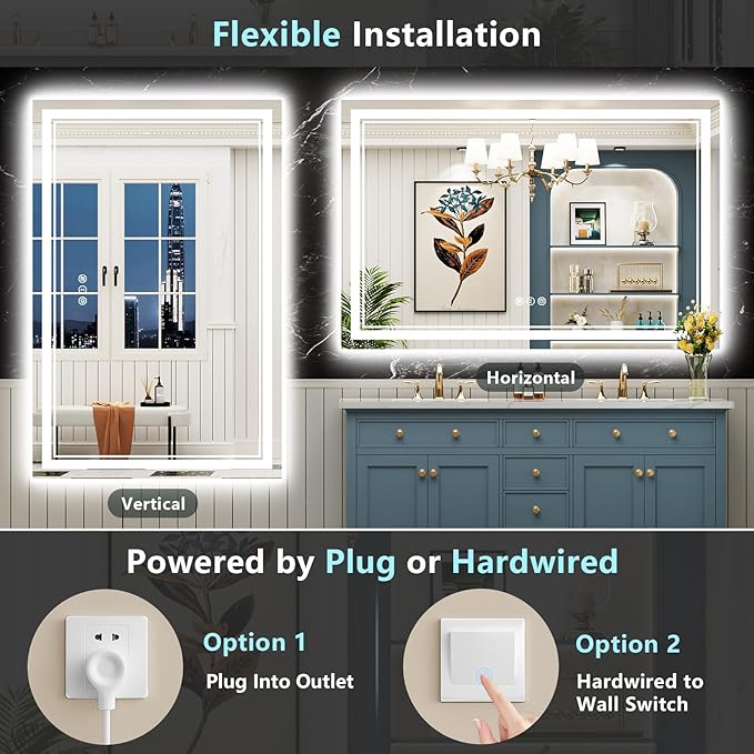 55x36 LED Bathroom Mirror, Backlit & Front Lit Lighted Mirror | Anti-Fog Vanity Mirror with Lights, 3 Color Dimmable, Memory, Shatterproof, Tempered Glass, CRI95, UL Listed, Wall Mounted