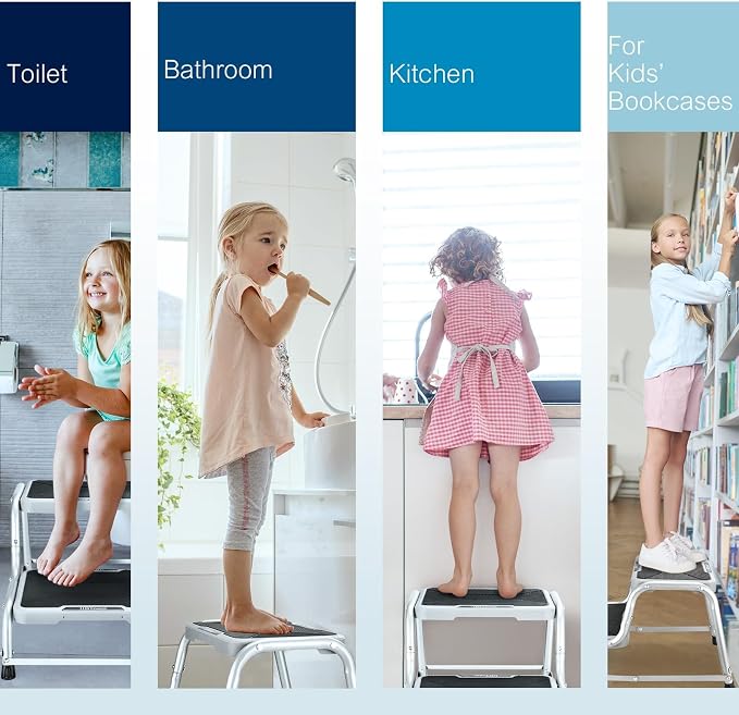 HBTower 2 Step Stools for Adults Kids with Non-Slip Rubber Feet | Holds Up to 600 lbs, Lightweight Stepping Stools for Bedroom Kitchen Bathroom, Bed Steps for High Beds