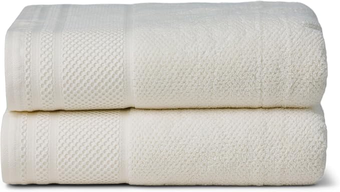Texere 100% Organic Cotton Rice Weave Jacquard 700 GSM Luxury Bath Towel Sets - Ultra Soft and Absorbent Hotel and Spa Quality (Rice Weave, Cream, 2 Bath Towels)