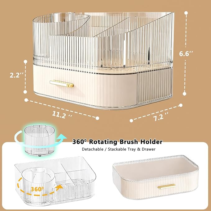 Makeup Organizer Countertop For Bathroom Vanity with Rotating Brush Holder | Make Up Organizers Storage For Vanity Counter Top With Stackable Drawer for Skincare, Cosmetic, Lipstick, Brushes & Perfume