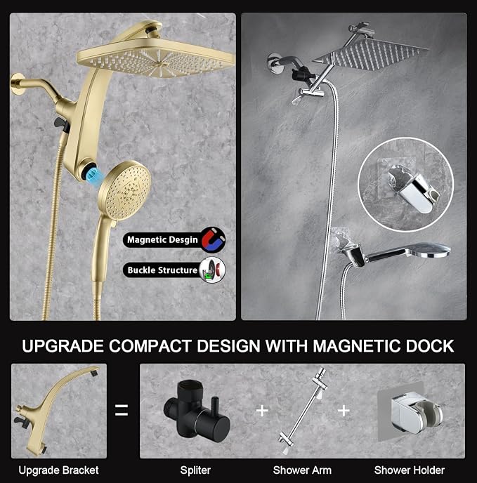 12" High Pressue Rain Shower Head with Handheld, 9 Sprays Hand Showerhead | Shower Heads with Handheld Spray Combo, Dual Head, Built-in Magnetic Docking, Power Jets, 59" Shower Hose, Gold 1.75GPM