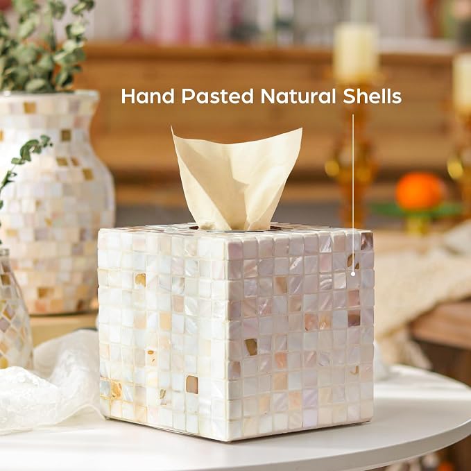 WDHODEC White Tissue Box Cover Square Decorative Tissue Box Holder Handmade Shell & Wooden Tissue Box Cube for Living Room, Dining Room, Cafe, Hotel, Office