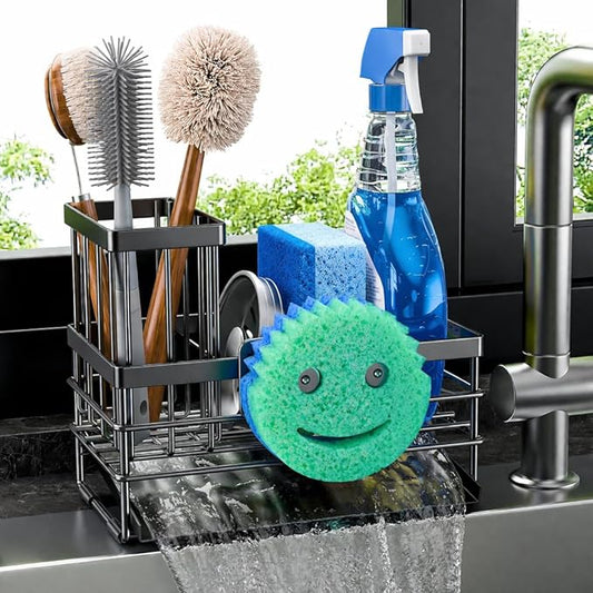 Cisily Sink Caddy Sponge Holder for Kitchen with Brush Holder and Stainless Steel Self Drain Tray, Rustproof Kitchen Sink Organizer for Sponge, Soap Dispenser Storage Accessories