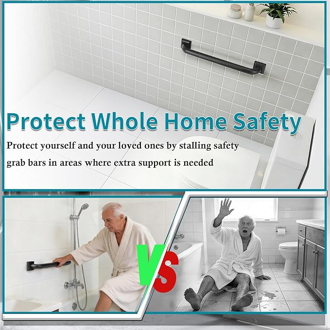 Shower Grab Bars for Seniors, 18 Inch Square Matte Black Bathroom Handle for Wall, Stainless Steel Anti Slip Bathtub Safety Bar, ADA Compliant 500 LBS Hand Rail for Elderly, Handicap