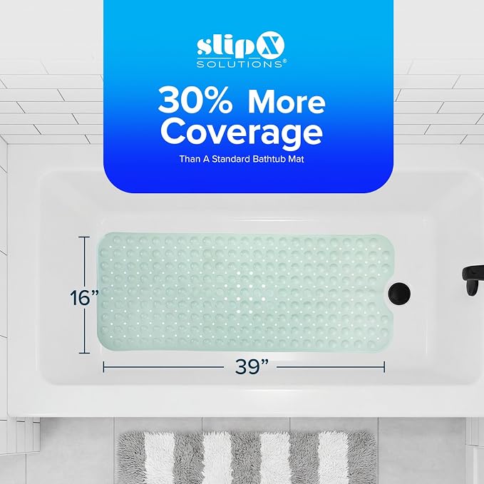 SlipX Solutions 39x16 Extra Long Non Slip Bath Mat, Tub & Shower, Seafoam | Anti Slip Mat for Elderly & Kids Bathroom, 30% More Coverage, 200 Suction Cups, Hundreds of Drain Holes