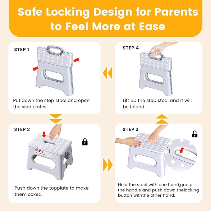 HBTower Folding Step Stool 9 Inch, 600 LBS Capacity with Safety Lock, White | Compact Step Stool Foldable for Kids & Adults, Portable Carry Handle, Collapsible Foot Stool, Kitchen, Bathroom & Outdoor