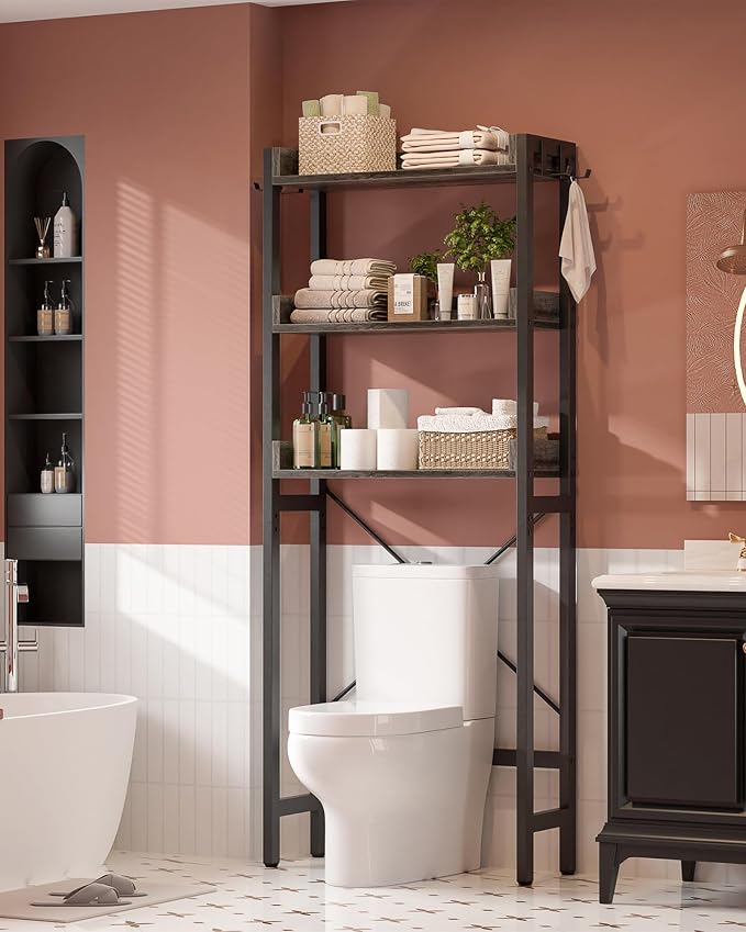Ecoprsio Over-The-Toilet Storage Rack, 3-Tier Bathroom Organizer Shelf Over Toilet, Freestanding Space Saver Toilet Stands with 4 Hooks, Grey