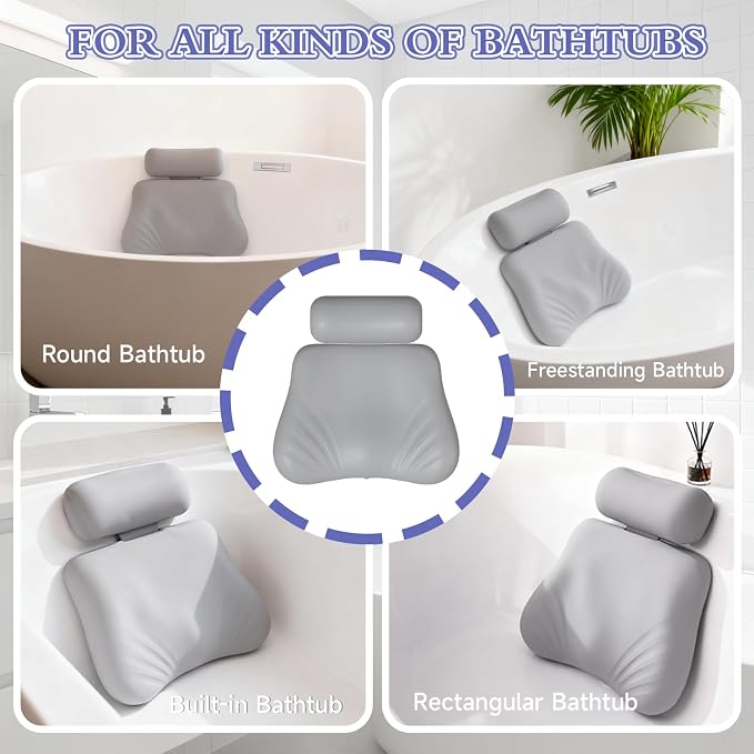 Silicone Bath Pillow, Upgraded Bath Pillows for Tub, Adjustable Height Bathtub Pillow for Head and Neck, 4D Luxury Tub Pillow Skin-Friendly Large Suction Cups Stability, Spa Relaxation-Grey
