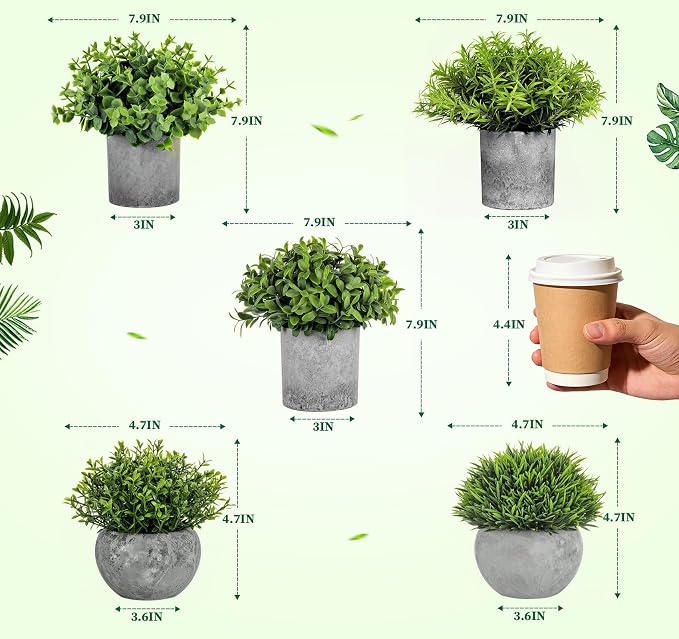 Fake Plants,5 PCS Small Artificial Greenery Eucalyptus Plant Indoor in Pots | Lemonfilter Plastic faux Plants Indoor with Pulp Pot, Small Plant Decor for Table Shelve Bathroom Kitchen Rustic Farmhouse