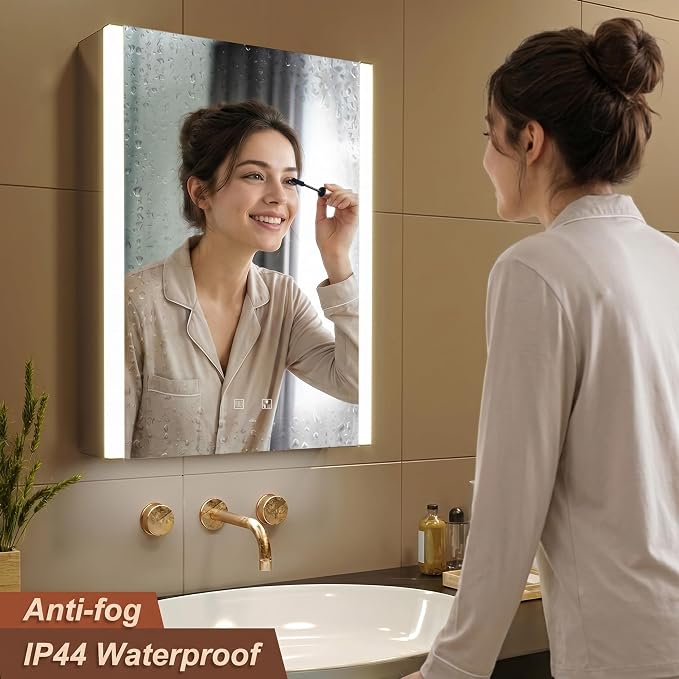 21x28 Inch Left Hinge Aluminum LED Bathroom Medicine Cabinet with Mirror | Light Adjustment, Anti-Fog, Sockets&USBs, High Capacity, Easy to Install