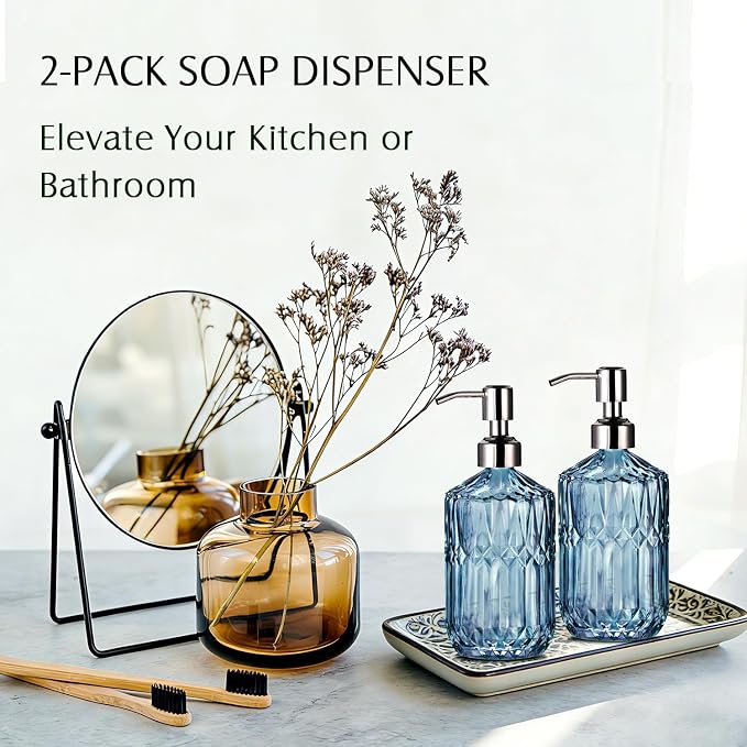 COHOSEGE 17 Oz Blue Glass Kitchen Soap Dispenser for Dish Soap, 2 Pack Bathroom Soap Dispenser Set with Silvery Rust Proof Pump for Lotion, Hand soap or Body Wash