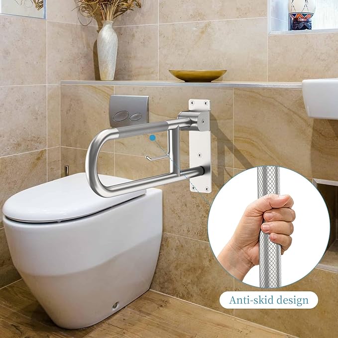 24 Inch Toilet Grab Bar, Munzong Flip-Up Handicap Bars with Paper Holder | Brushed Nickel Anti-Slip Bathroom Toilet Safety Rails Stainless Steel Knurled Support handrails for Seniors Elderly