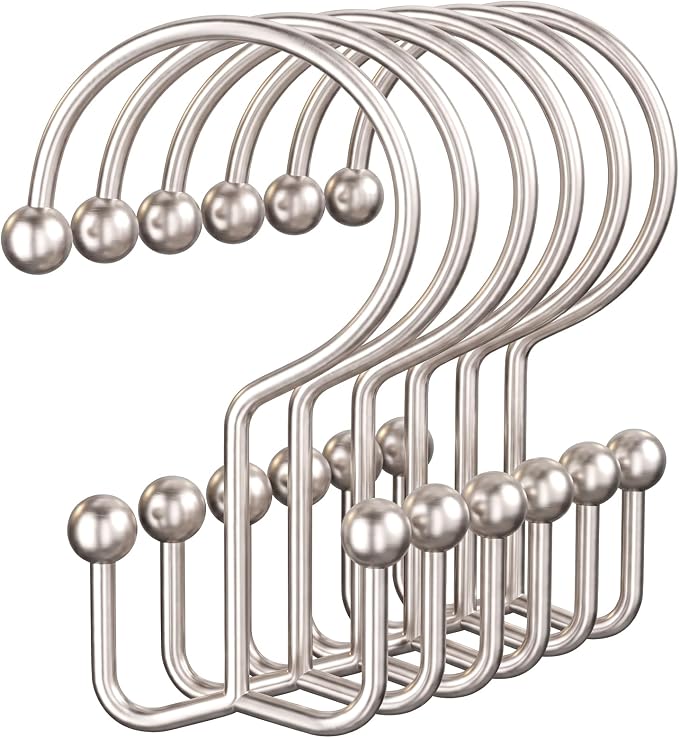 OEH Shower Curtain Hooks, Metal Shower Curtain Rings, Decorative Shower Curtain Hooks Rust Proof, Double Shower Rings for Curtain, Easy Install Shower Hooks for Shower Curtain (Nickel, 12 Pack)