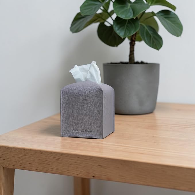 Premium PU Leather Tissue Box Holder - Elegant Hotel-Style Tissue Box Cover for Home, Office & Car Décor, Tissues Cube Organizer for a Natural & Classic Look (Purple Grey 2 Pack)