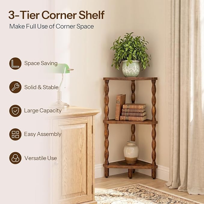 HOOBRO Corner Shelf, 3-Tier Wooden Corner Bookshelf for Small Space, Stylish Corner Storage Display Shelves for Living Room, Kitchen, Office, Rustic Brown FG193CJ01