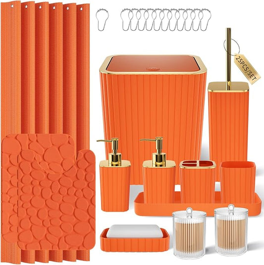 XLHOMO Bathroom Accessories Set - 25PC Bathroom Sets with Shower Curtain and Rugs, Orange Bathroom Accessories with Trash Can, Soap Dispenser, Soap Dish & Toilet Brush