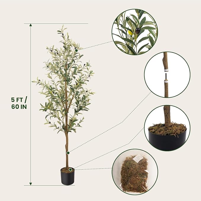 Artificial Fake Olive Tree 5FT 1Pack Faux Olive Tree for Home Decor | Faux Artificial Plants Indoor Fake Potted Plants with Natural Olive Branches and Realistic Leaves for Living Room Decor