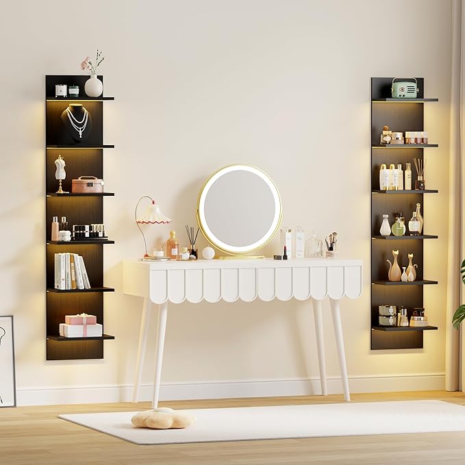 Qupui 6-Tier Wall Shelf with LED Remote, 57" Floating Storage, Black | RGB 22 Modes 6 Brightness. Remote Control. Waterproof Particleboard. 6 Tiers For Storage And Display. For Bedroom