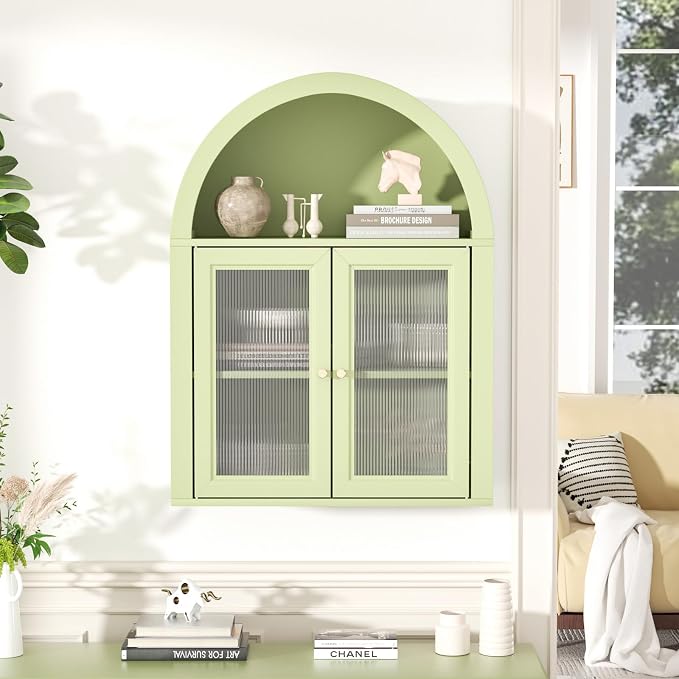 Medicine Cabinet with Arched Top, Bathroom Wall Cabinet Over Toilet with Wave Pattern Tempered Glass Doors and Removable Shelf, Arch Hanging Cabinets for Kitchen, Living Room, Laundry Room, Green