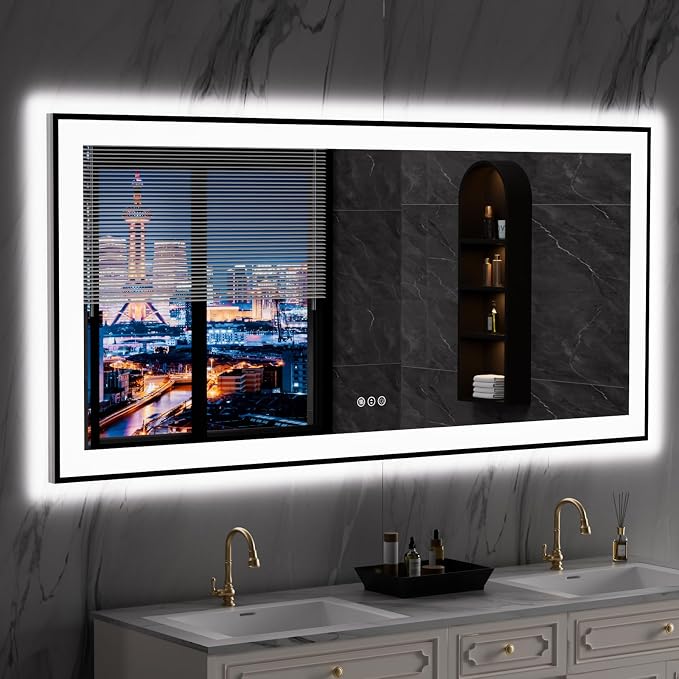LOAAO 60"X28" LED Bathroom Mirror Black Framed | Anti-Fog, Dimmable, Memory Function, Tempered Glass, Lighted Vanity Mirror for Wall