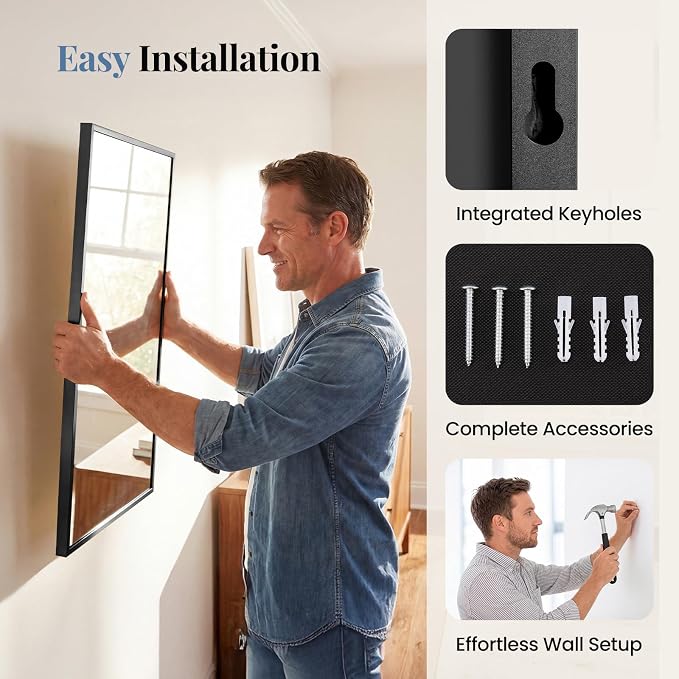 DUMOS Bathroom Mirror for Over Sink, 48"x30" Rectangle Wall Mount Mirror | Modern Vanity Mirrors with Tempered Glass and Metal Frame, Anti-Rust, Horizontal or Vertical for Home Decor, Black