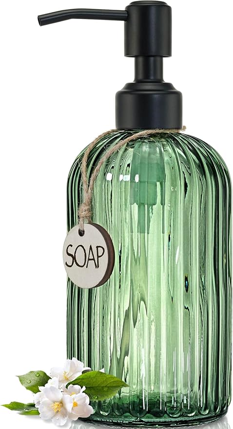 JASAI 18Oz Green Glass Soap Dispenser with Black Rust Proof Pump | Refillable Bathroom soap Dispenser with Thick Glass, Kitchen Soap Dispenser for Dish soap, Hand Soap, Lotion, liquid Soap