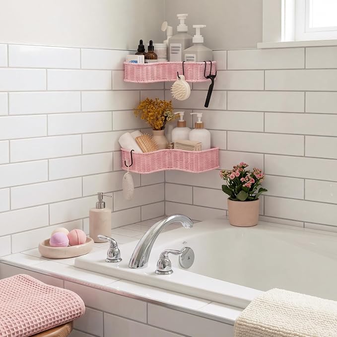 GRANNY SAYS Wicker Corner Showers Caddy Hanging, Bathroom Showers Organizer | Pink Shower Shelf for Inside Showers, Adhesive Shelf for Storage, Bathroom Shelves Wall Mounted with 4 Hook for Decor,2 Pack