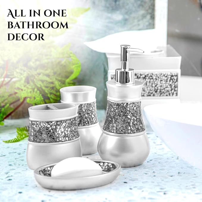 Creative Scents 4 Pc. Resin Bathroom Accessory Set | Silver Crackled Glass | Includes Soap Dispenser, Toothbrush Holder, Tumbler Cup and Soap Dish