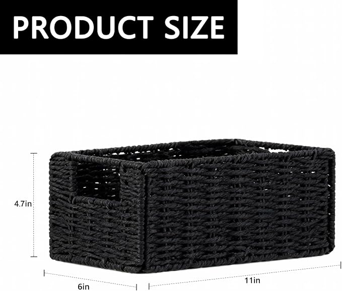 6 Pcs Small Wicker Baskets, Wicker Woven Storage Basket with Handle | Toilet Paper Baskets Towel Basket Foldable Cube Storage Organizer Bins for Shelves, Black