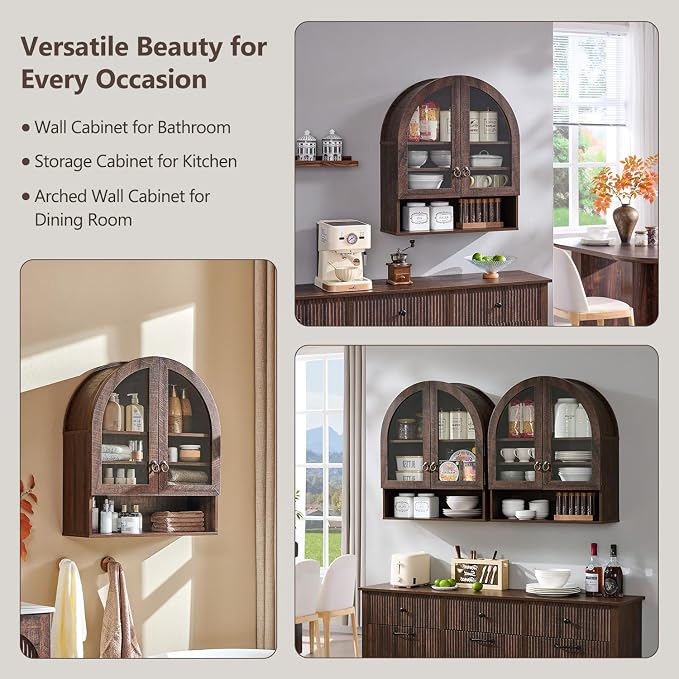 IFGET Bathroom Arched Wall Cabinet, 23.6'' Wide Medicine Cabinet with Adjustable Shelves & Glass Doors, Over The Toilet Storage Wall Mount Cabinet for Laundry Room, Kitchen & Living Room, Dark Walnut